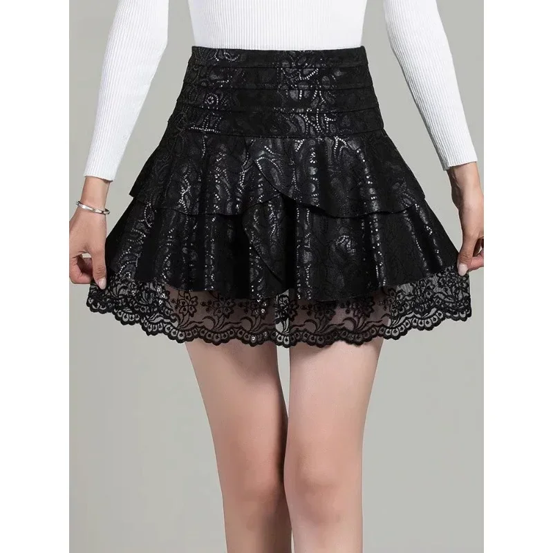 

2025 Autumn and Winter Black New Women's Sheepskin Lace A-word Fluffy Pleated Skirt Genuine Leather Short Skirt Dress