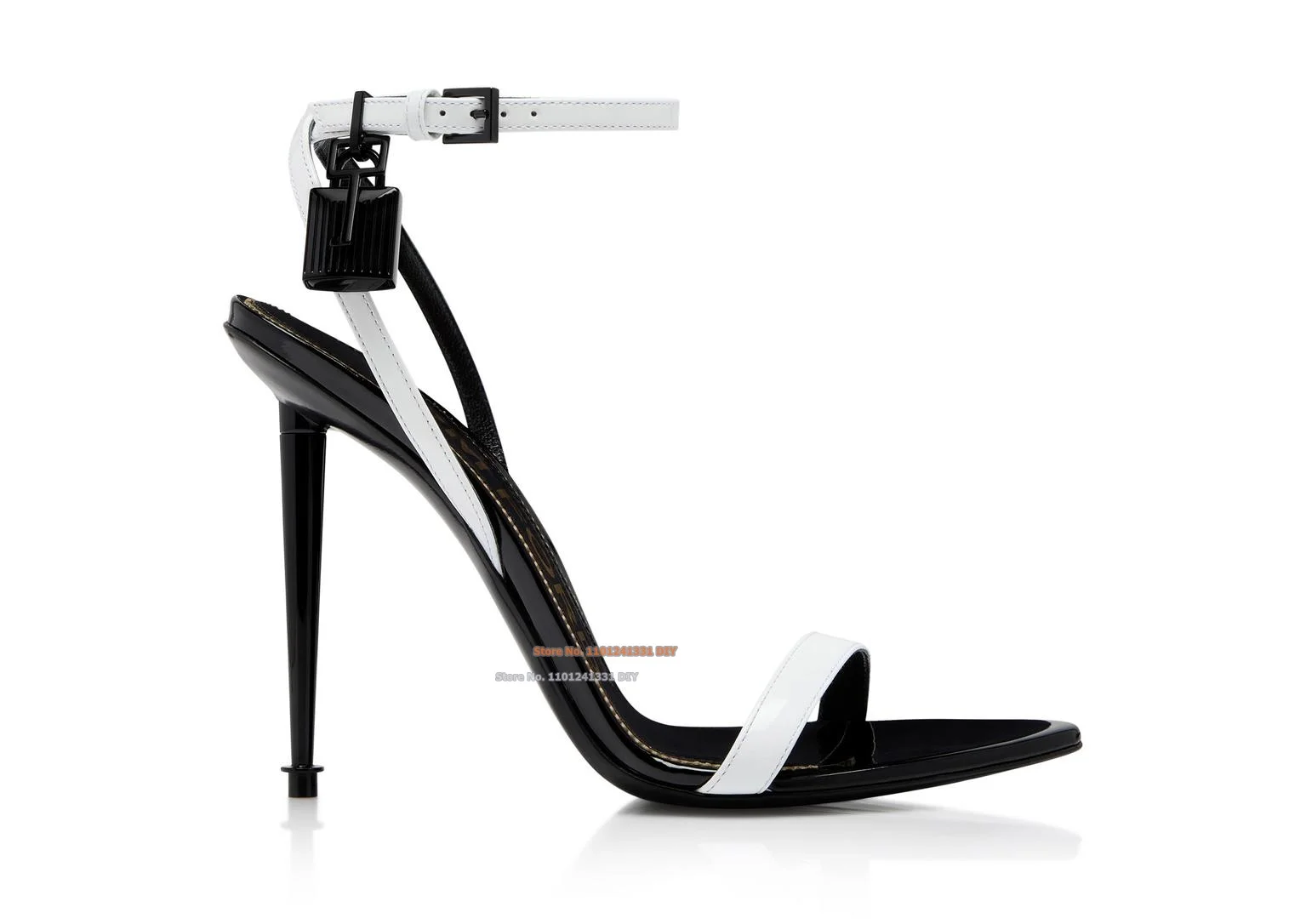 Black White Mixed Color Patent Leather Padlock Pointed Toe Naked Sandals Women Stiletto High Heel Fashion Summer Dress Shoes