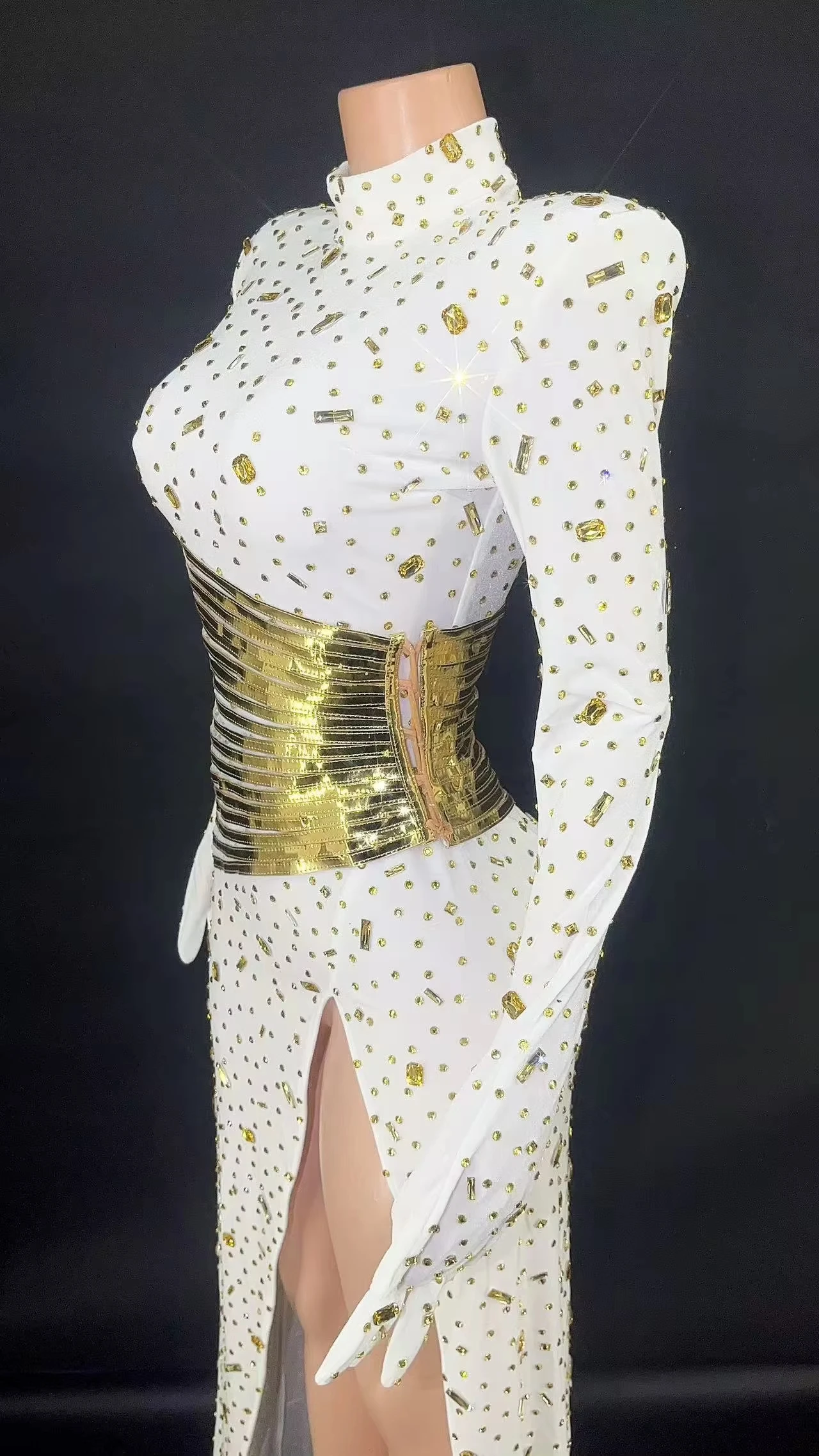 

ZD 2024 New Fashionable Custom Women'S Clothing High Quality Rhinestone Bright Stripe Waist Cinching Sexy Side Slit Dress