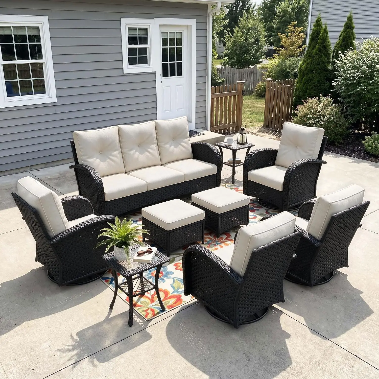 9 Pieces Wicker Rattan Patio Furniture Set High Back Swivel Rocking Chairs 3-Seat Sofa Ottoman Side Table, Customized