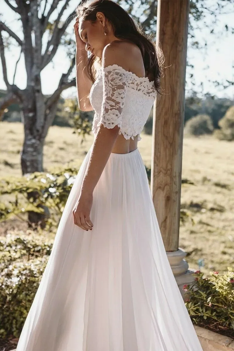 ชุดแต่งงานโบฮีเมียนทันสมัย ผ้าลูกไม้ แขนสั้น ชุดแต่งงานสองชิ้น เสื้อครอปท็อป ผ้าชีฟอง ชุดแต่งงานชายหาดฤดูร้อน