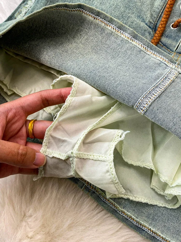 

Sexy American Sle Hot Girl Zipper Collar Svel Denim Vest Top High Waist Slimming Belted ort Skirt Two Piece Set