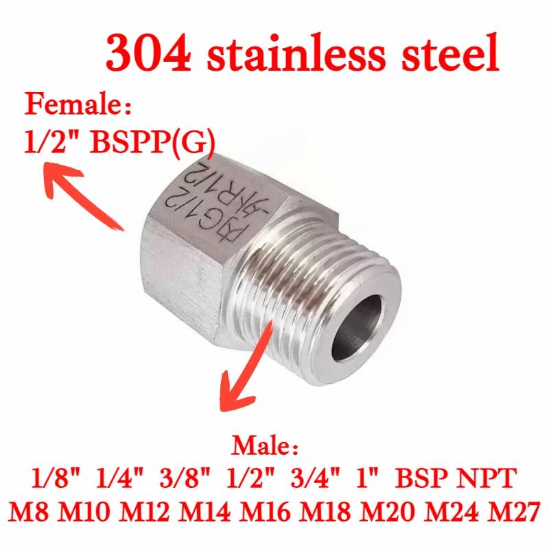 

1/2" BSPP Female To M10 12 1/8" 1/4" 3/8"BSP NPT Male Hex Reducer Bushing 304 Stainless Adapter High Pressure for Pressure Gauge