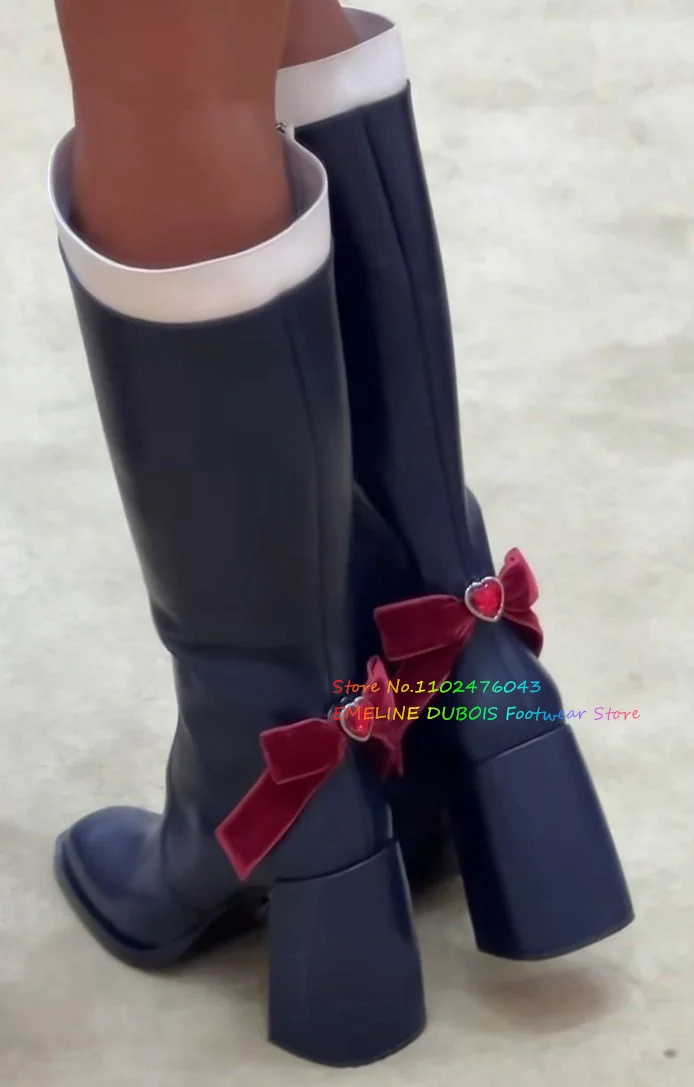 Arco de salto grosso botas longas dedo do pé quadrado cor combinando salto alto joelho bota alta zíper lateral na moda botas de cavaleiro para menina