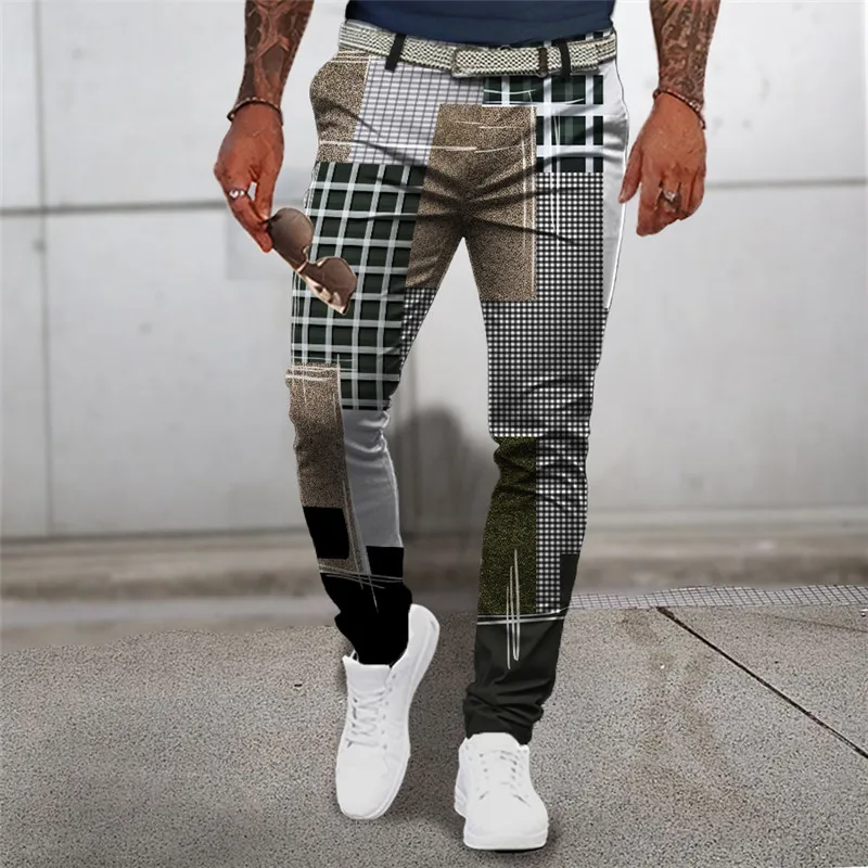 Men's Summer Straight Pants 3D Printed Fashion Plaid Pants Comfortable Casual Quick Drying Business Pants