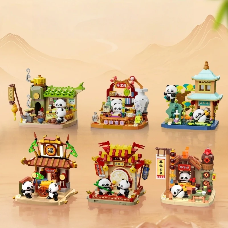 

Cute Panda Building Blocks Children's Educational DIY Assembly Toys Chinese Style Street Scene Model Ornaments Birthday Gift