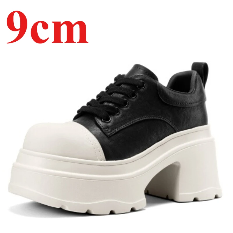 

Classic Black and White Thick High Heels Shoes for Women's 9cm Thick Soled Height Increasing Shoes Genuine Leather Outdoor Shoes