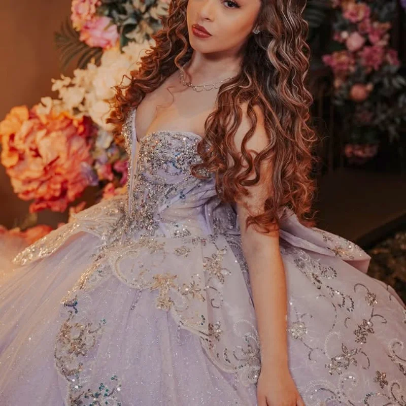 

Shiny lavender Quinceanera Dress off-shoulder Lace layering crystal glitter decal Bow vestidos de 15 Quinceanera ﻿Customized
