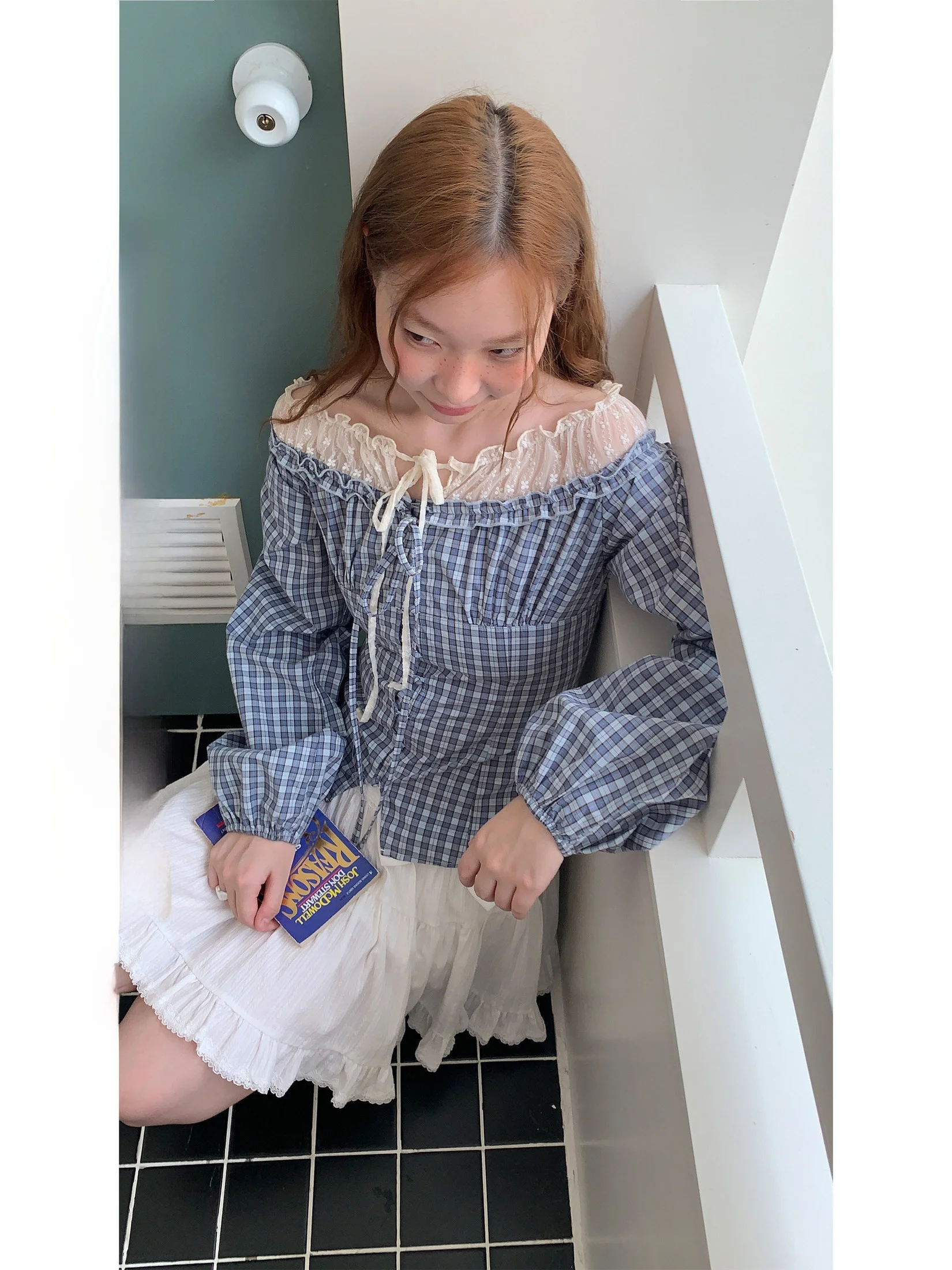 

Женская прямая хлопковая рубашка Galaxy Soda с кружевными вставками и синим клетчатым узором, с длинными рукавами, в корейском стиле, для весны и осени, утягивающая фигуру