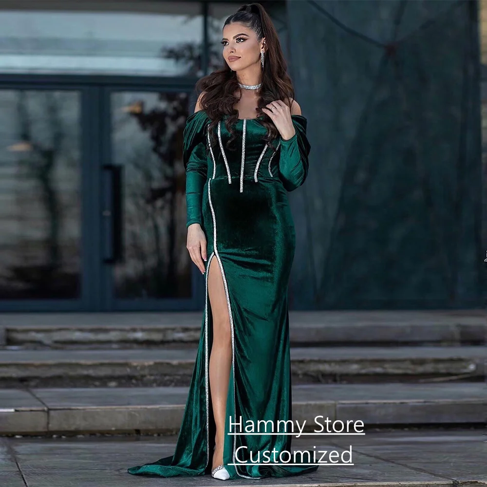 

Velour Evening Dress Customized Long Sleeves Off Shoulder Beading Split Sweep Train Velvet Mermaid Prom Gown Party Dresses