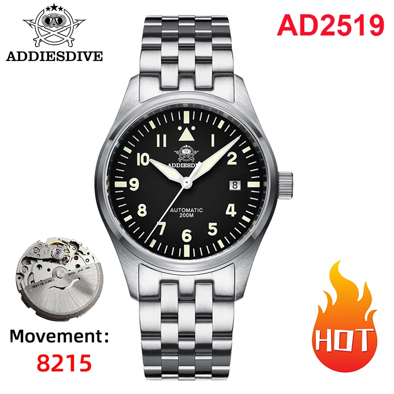 ADDIESDIVE นาฬิกาผู้ชายคลาสสิกแซฟไฟร์อัตโนมัติ 8215 สแตนเลสนาฬิกานักบินหนังส่องสว่าง 200M ชุดดำน้ำนาฬิกาใหม่