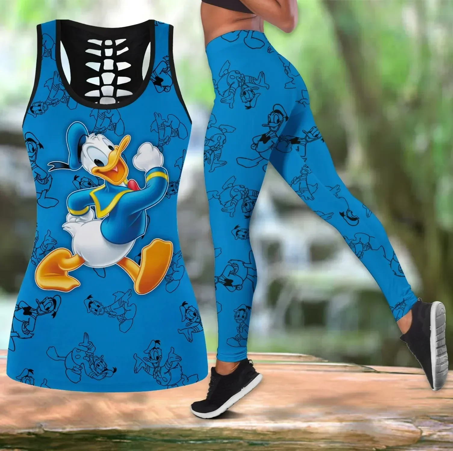 Disney Donald Duck Women Tank Top y2k Leggings Yoga Set Summer Fitness Leggings Tracksuit Hollow Tank Top Leggings Set