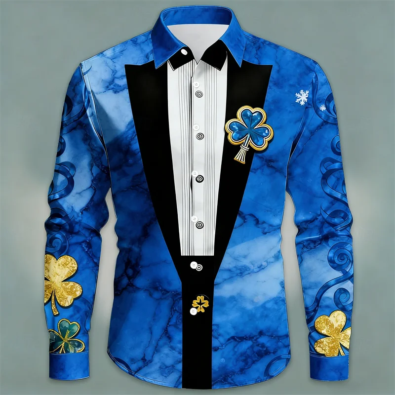 قميص رجالي جديد بأكمام طويلة وراقية بطباعة البرسيم ثلاثي الأبعاد على طراز الشارع قميص رخامي فضفاض ومريح