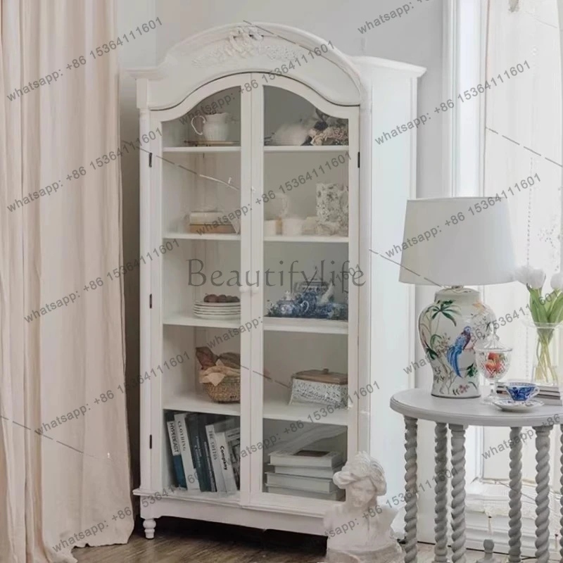 

American light luxury solid wood bookcase simple living room glass door carved retro curved decorative cabinet
