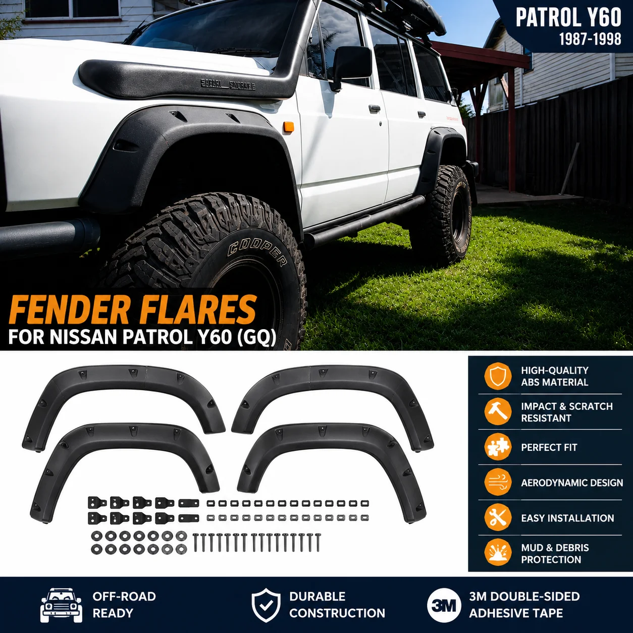 

For Nissan Patrol Y60 GQ 1987-1998 Modified Style Matte Black ABS Fender Flares Wheel Arch Kit Off-Road Protection