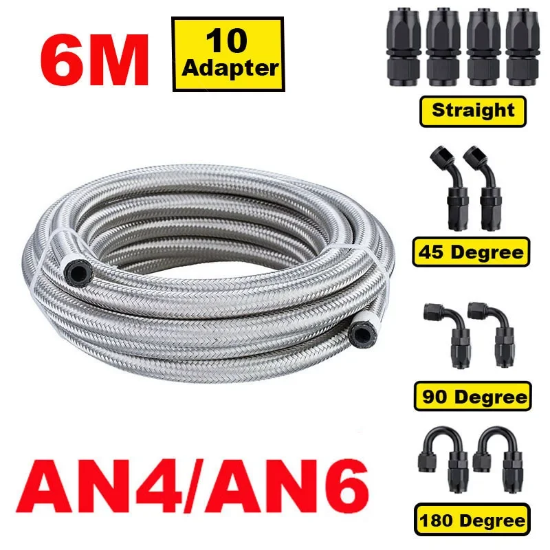 20FT 6M AN4 AN6 Stainless Steel Braided CPE Rubber Car Fuel Hose Line 0/45/90/180 Degree Hose End Fitting Adapters Hose Line Kit