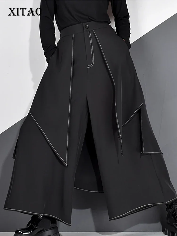 

XITAO Patchwork Striped Casual Pants Women Tide Fashion New Style Personality Loose Button Pocket Flat Wide Leg Pants ZP3534