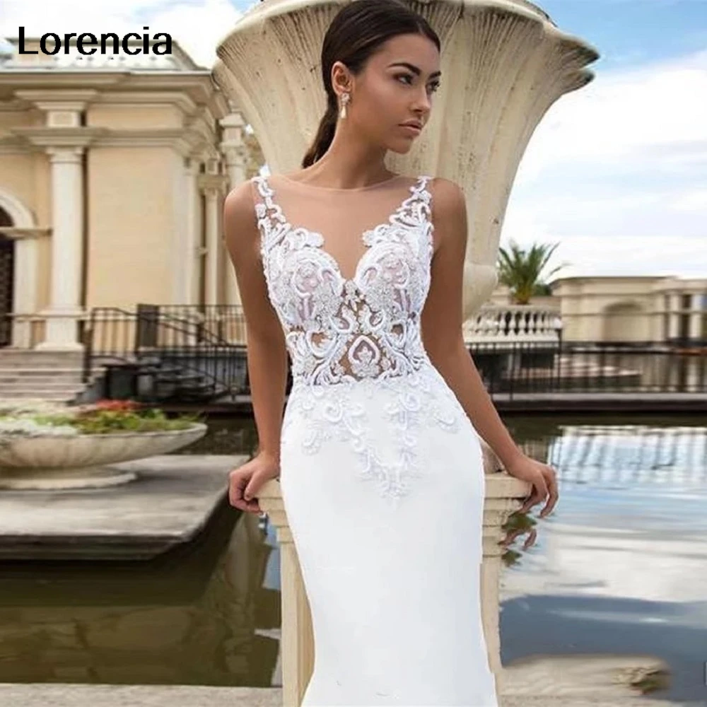 ที่กําหนดเอง Elegant Mermaid ชุดแต่งงานลูกไม้ V คอ Appliques ประดับด้วยลูกปัดชีฟองชุดเจ้าสาวชุดเจ้าสาว Vestido De Noiva YMW188