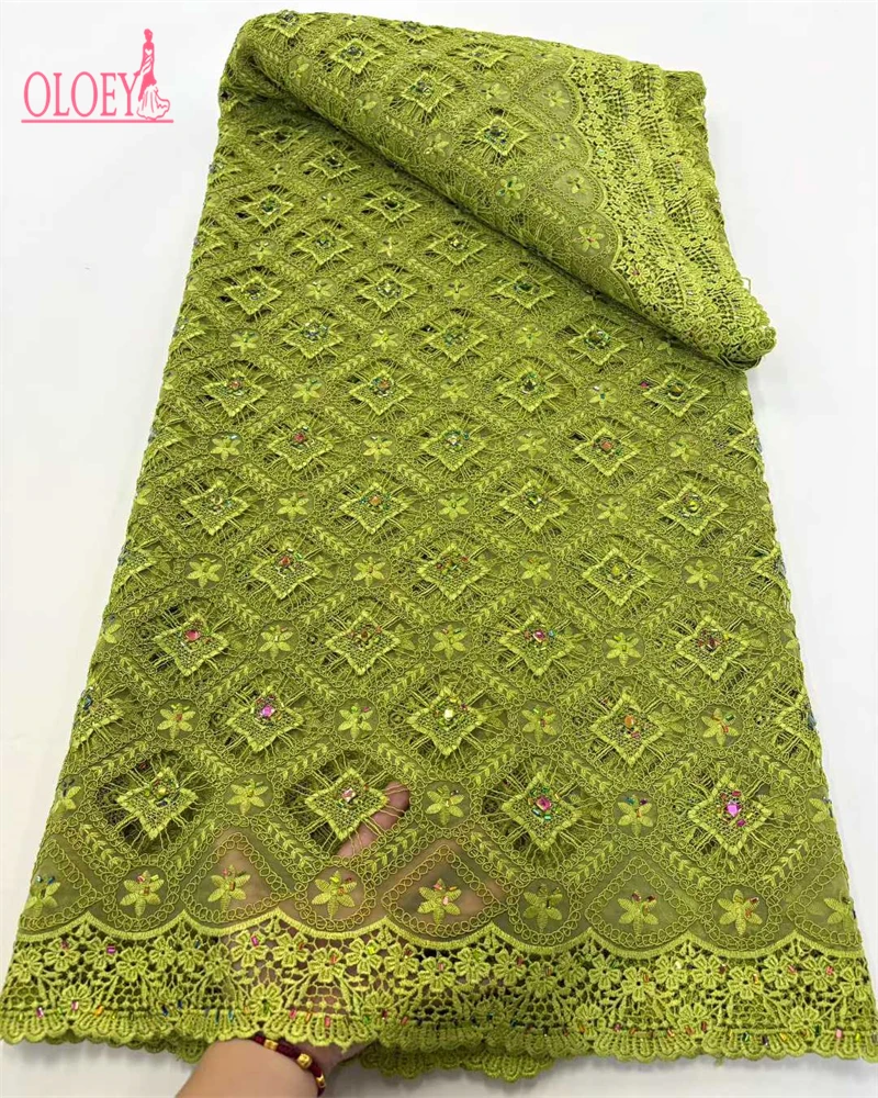 OLOEY African Guipure Cord Lace Fabric with Rhinestone High Quality Water Soluble for Nigerian Party Dress Sewing