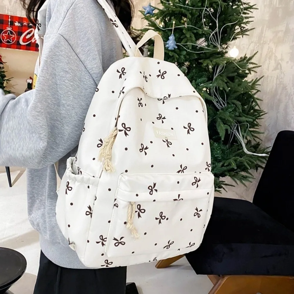 Nylon Material Bow Print Backpack Quilted Design Multi-Pocket Large Capacity School Bag Harajuku Reinforce Structure