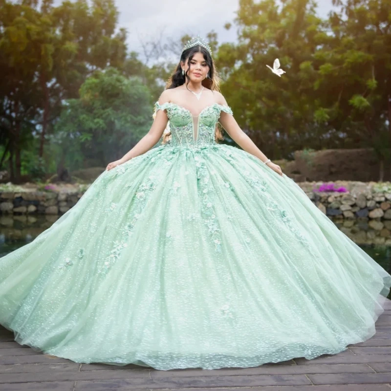 

Light Green Shiny Ball Gown Quinceanera Dresses Applique Lace Beading Crystal Tull Corset Off Shoulder Sweet 16 Dress Vestidos