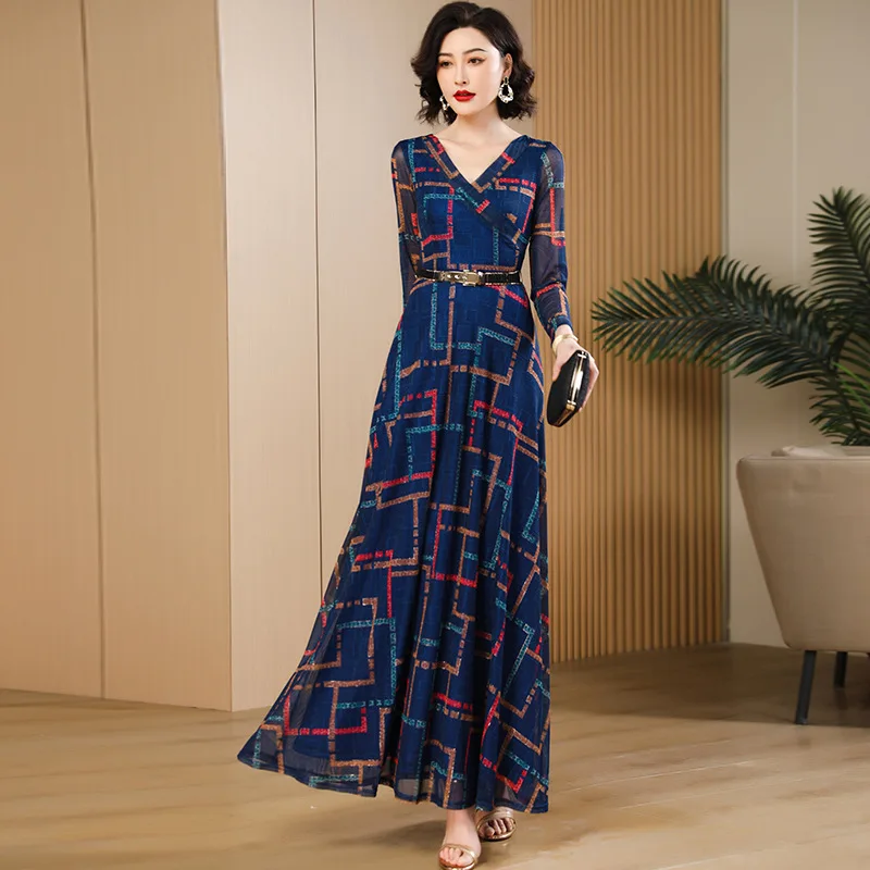 New Summer Vintage Print Long Dress V-Neck Cinched Waist Skirt DZ1891