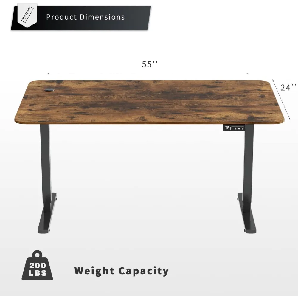 Altura ajustável mesa de pé elétrico, 55 "mesa de computador, home office workstation, 55", perna preta, rústico marrom top