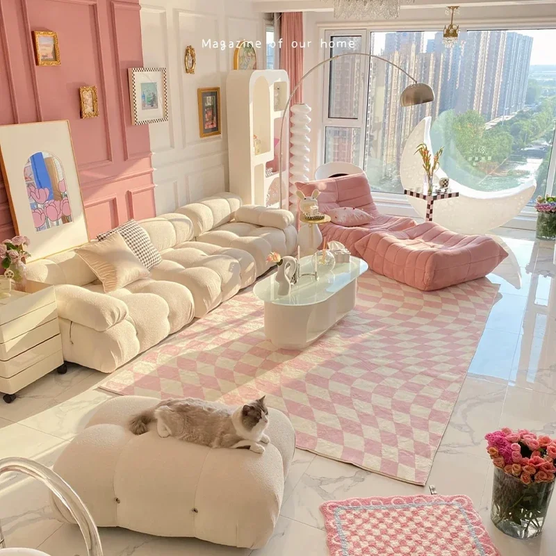 Modern Ins Plaid Living Room Carpet Pink Plush Soft Girls Bedroom Carpets Fashion Large Area Cloakroom Decorative Rug 핑크 러그