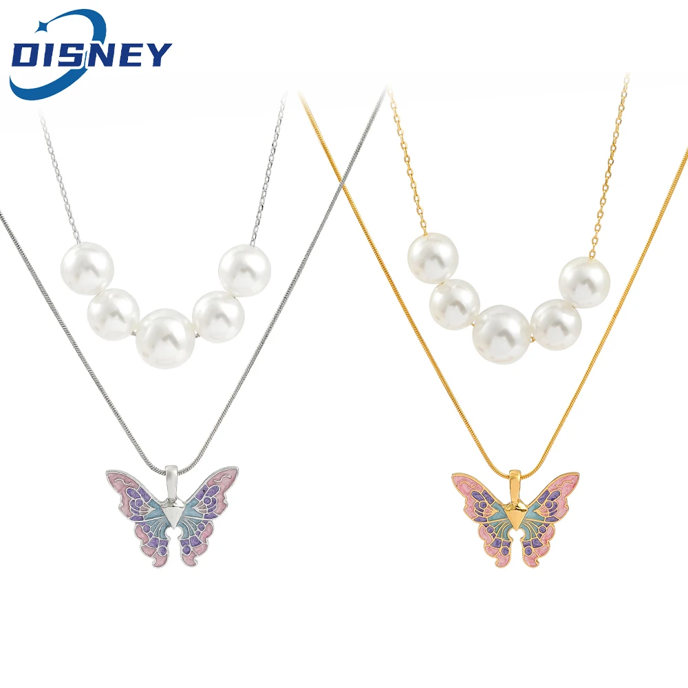 Disney Fairytopia Mermaidia Enamel Butterfly Necklace For Women Thai Pop Imitation Pearl Necklace Multilayer Jewelry