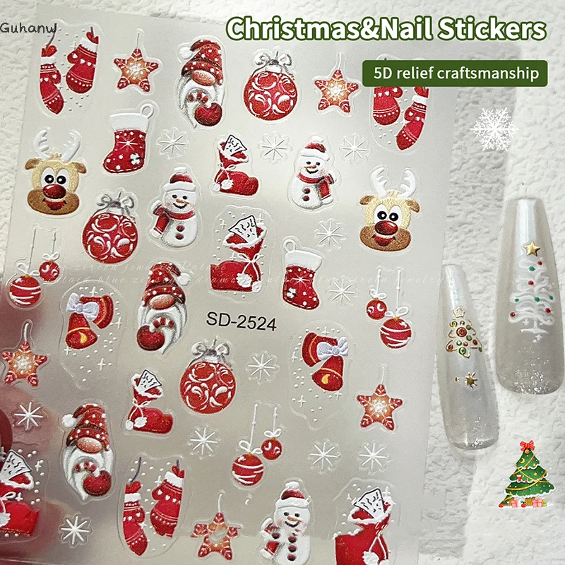 

[WHB]1 Sheet Relief Christmas Nail Art Sticker Christmas Tree Elk Snowflakes Nail Art Stickers Xmas Manicure Decals