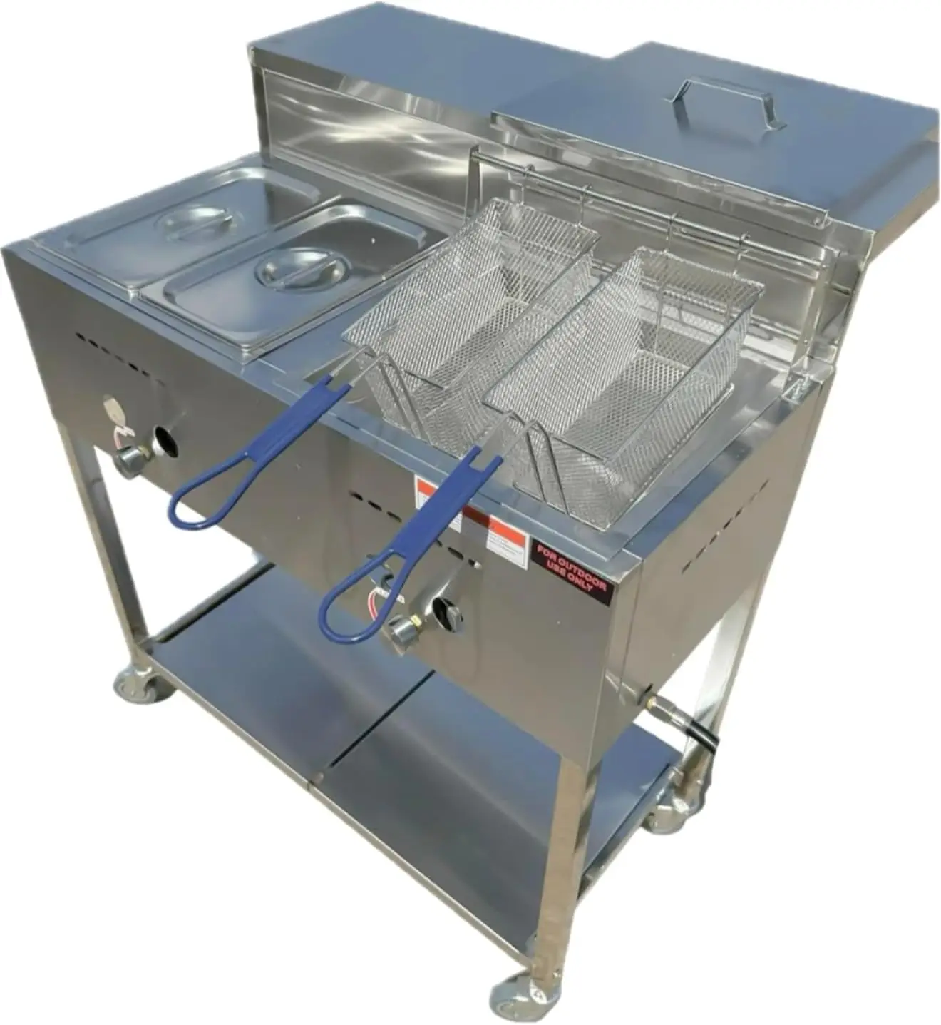 Deep Fryer Cart With 30 Lb 3.5 Gallon Single Tank (Double Baskets) - 2 Container Pan Steam Table - Serving Shelf - Outdoor