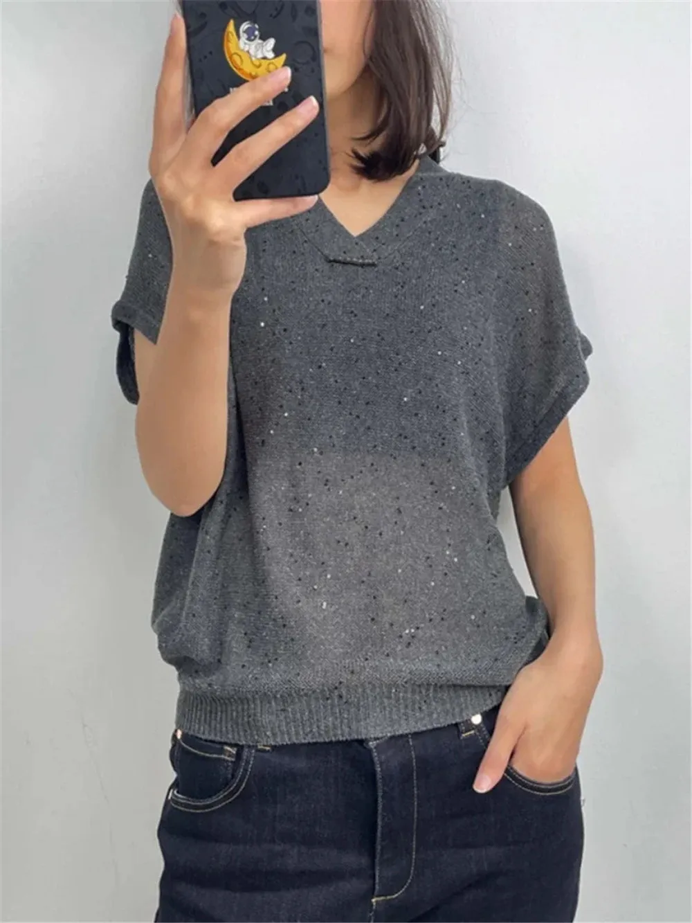 2024 Summer B*C Sequin Linen Silk T-Shirt V-Neck Knitwear Short-Sleeved Thin Tops  Blouse