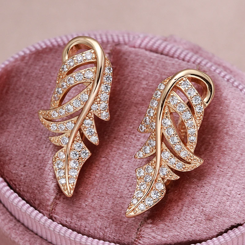 Hot Sale Vintage Zircon Earrings 585 Rose Gold Leaf Texture Piercing Hoops Elegant Engagement Wedding Golden Jewelry Earrings