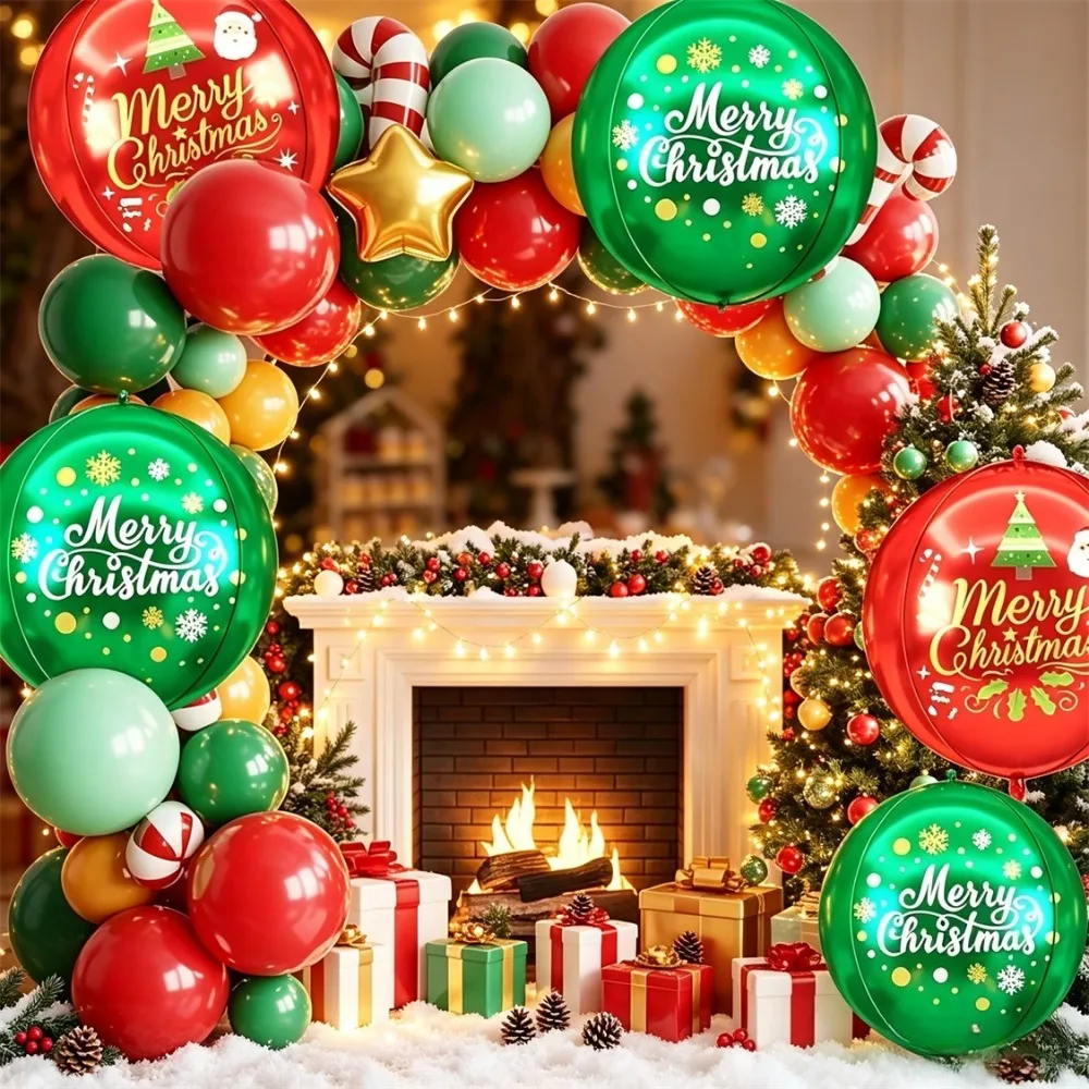6 Pcs 22 Inch Large Round Christmas Foil Balloons, Red & Green Merry Christmas Print, Xmas Party Decor Balloons