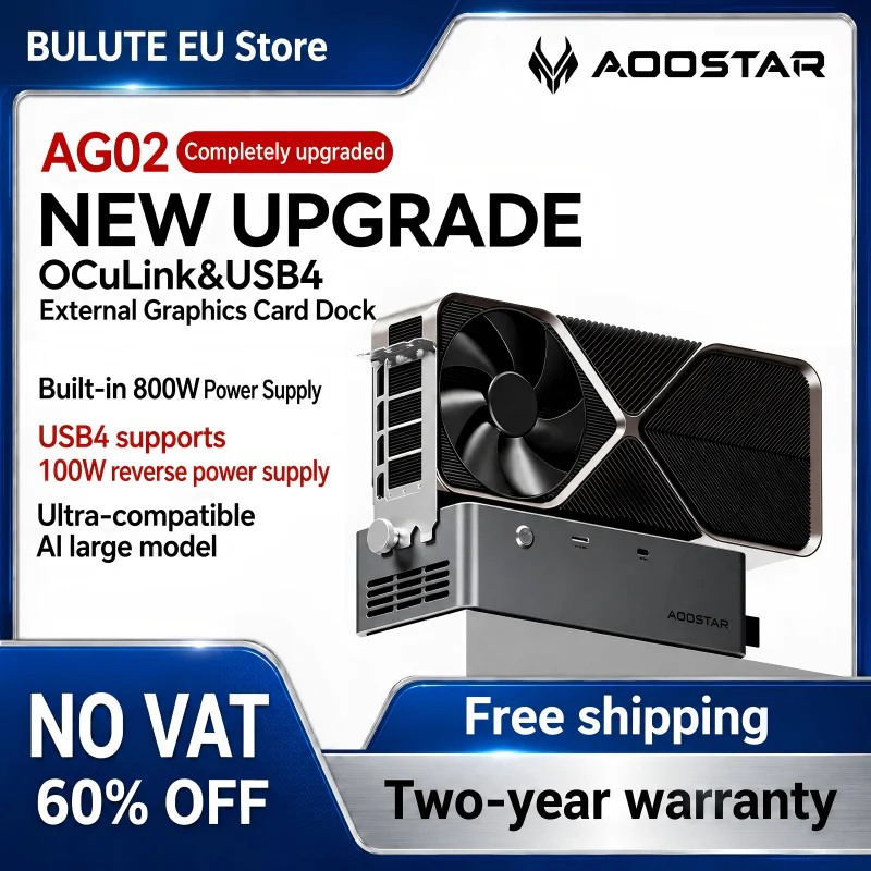 AOOSTAR AG02 EGPU Dock – OCuLink + USB4 Dubbele Poorten, PCIe 4.0 x4 64Gbps, 500W PSU, Ondersteunt 350W Grafische Kaart voor Laptop Mini PC