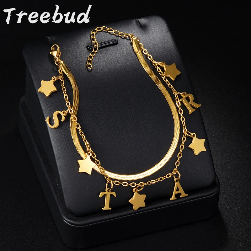 

Treebud Custom Double Chain Star Letters Bracelet Stainless Steel fo Women Kids Personalized Names Snake Chain Trendy Jewelry