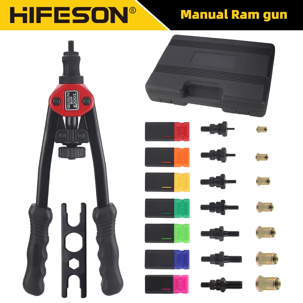 HIFESON Riveter Gun Tool Hand Riveter Insert Threaded Nut Rivet Drilling Rivet Tool M3-M12 Nut With Box