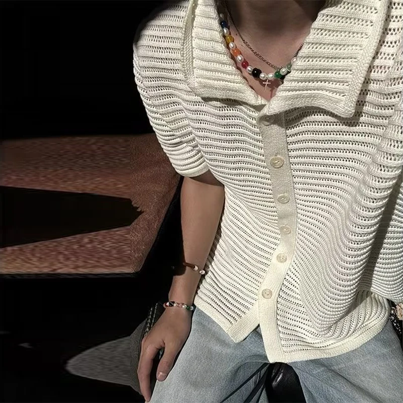 Vintage Y2K Knitted Shirts Men Summer Fashion Solid Color Hollow Out Knit Breathable Shirt Streetwear Mens Short Sleeve Cardigan