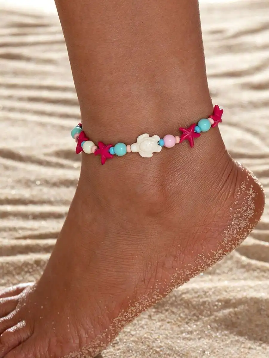1pc vibrant turquoise starfish anklet woven with Korean wax thread for women view 6