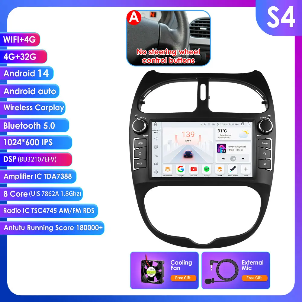 Voor Peugeot 206 2001-2008 Autoradio Multimedia Video Player Navigatie GPS 4G Carplay Android 14 AutoRadio stereo 7 ''Hoofd Unit