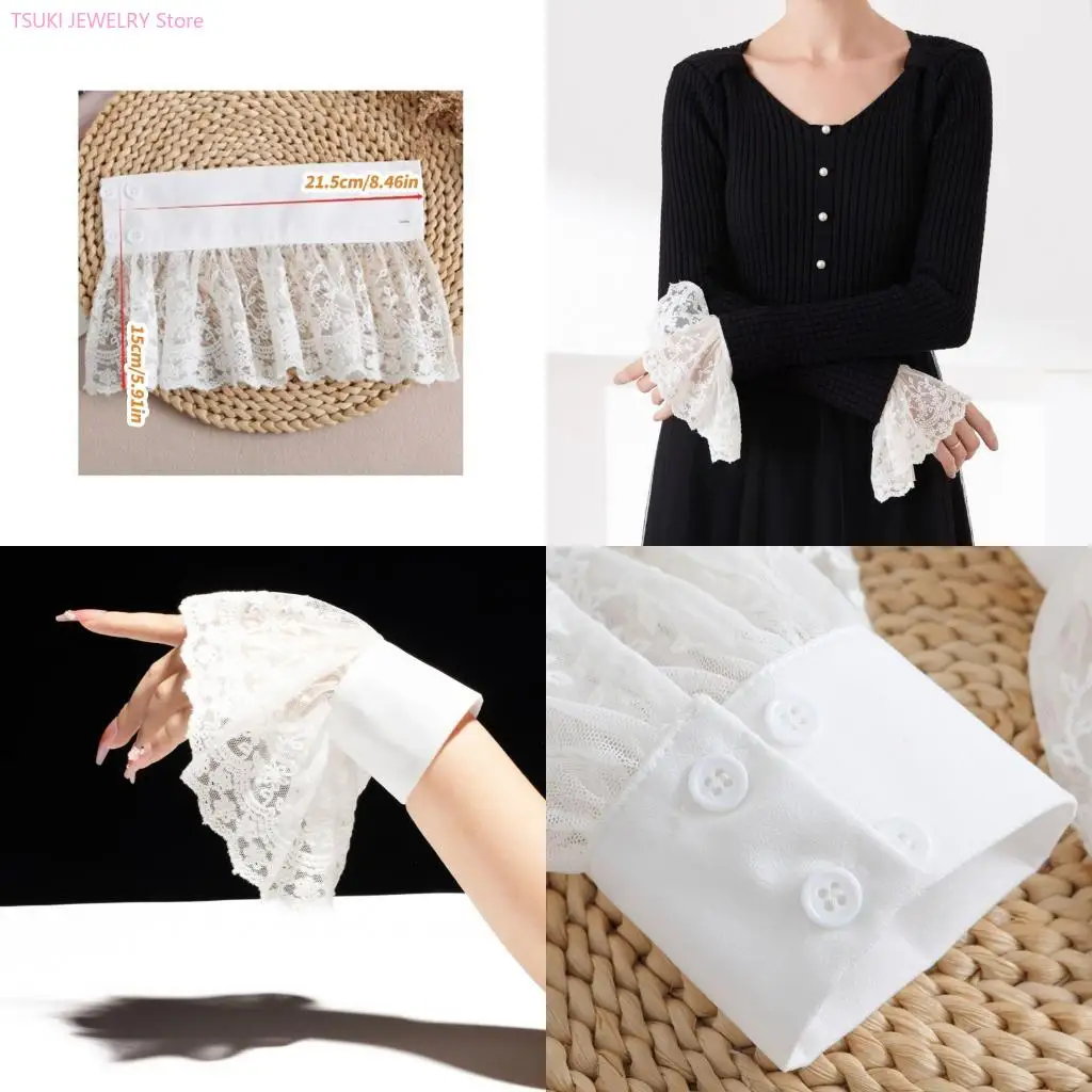 

62KE Fashionable Lace Wrist Sleeves With Flouncings White Multi-Functional Use