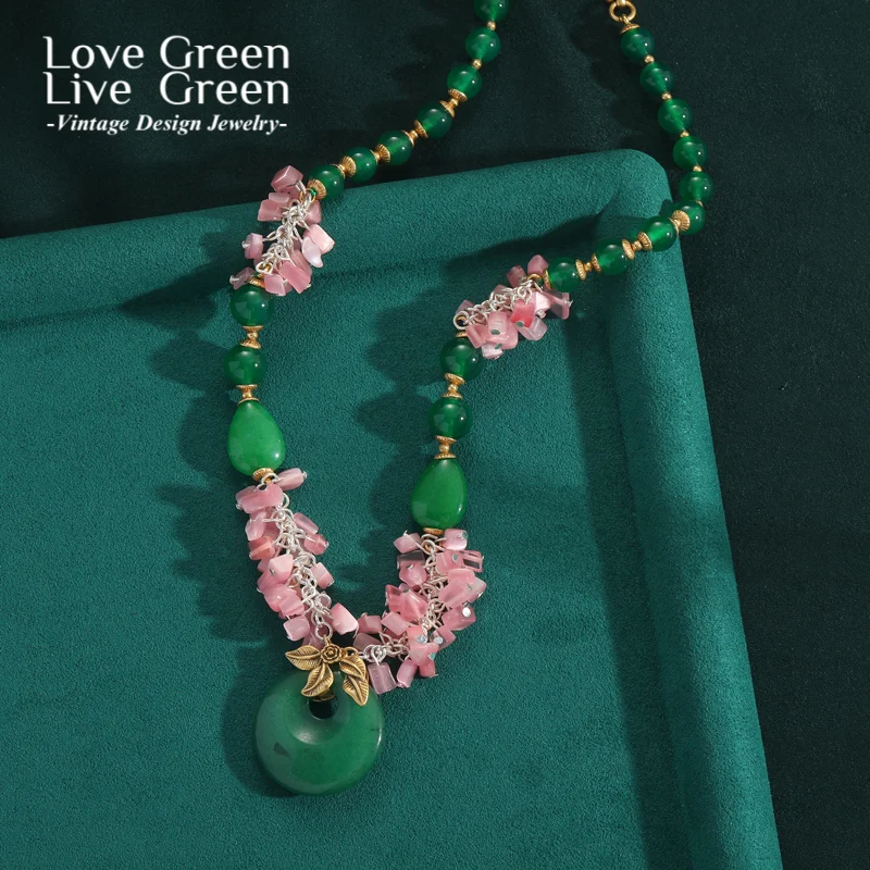 

Vintage Jade Jewelry Beads Pink Flower Necklace For Woman Peace Knot Pendant Retro Elegant Luxury Quality Designer Gift New 2025