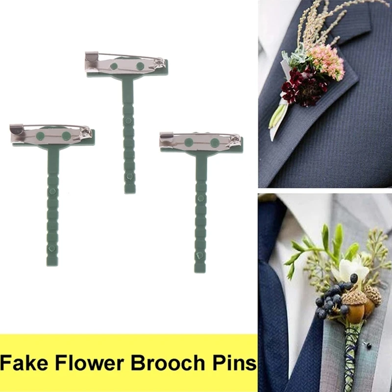 100 Pcs T-Shaped Green Handmade Corsage Safety Clips Unisex Shirt Collar Pins Wedding Buttonhole Brooch Party Decor Tool