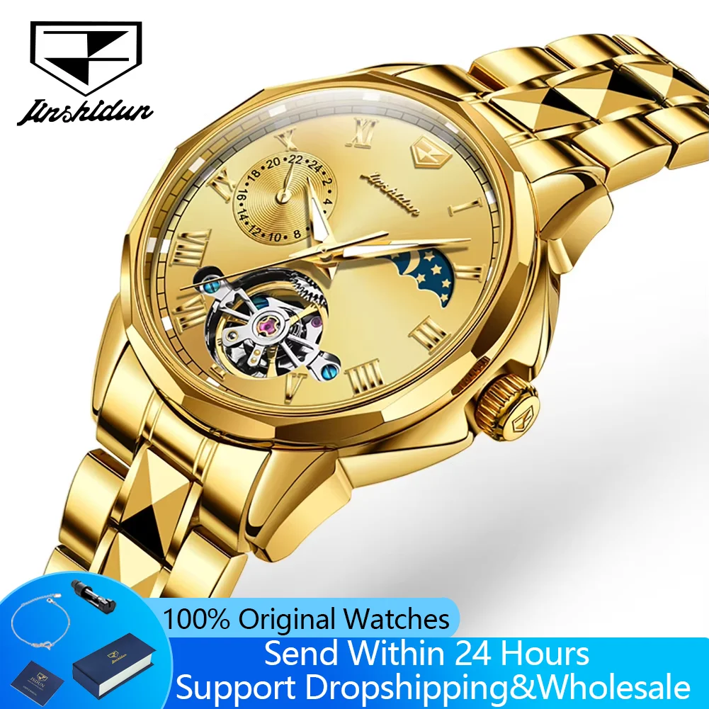 JINSHIDUN 8937 Women's Watches Tungsten Steel Hollow Flywheel Moon Phase Water Proof Luminous Automatic Mechanical Ladies Watch
