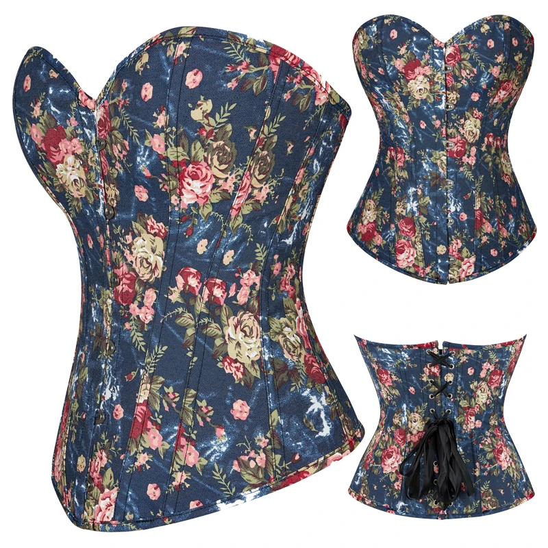 Floral Embroidered Korsette 14 Bone Support Lace Bandage Bustier Corset Top with 6 Brooches