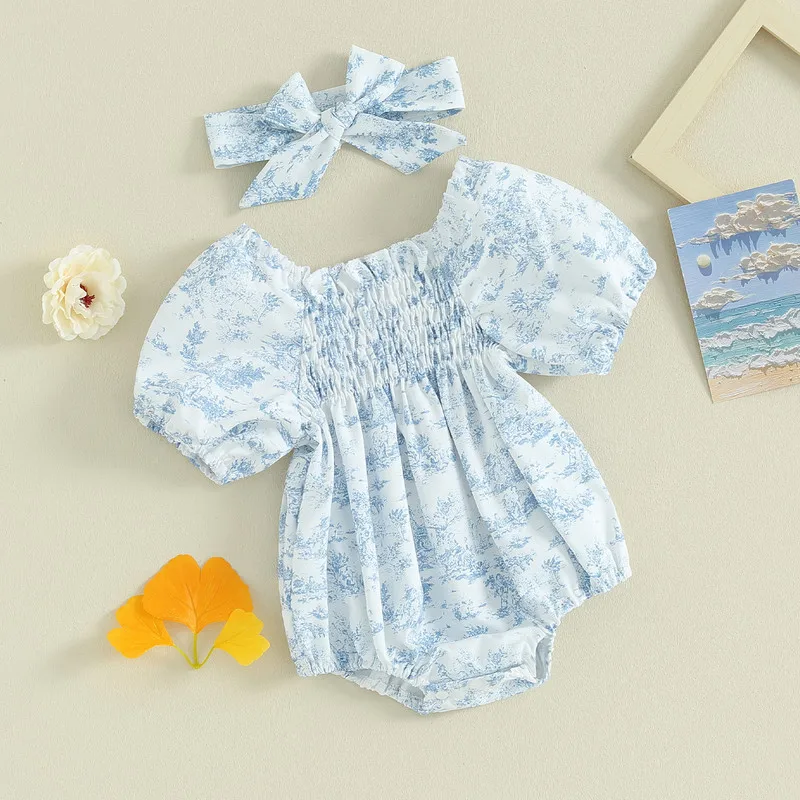 Newborn Baby Girls Bodysuit Summer Clothes Floral Ruched Puff Sleeve Jumpsuits with Headband Baby Clothing