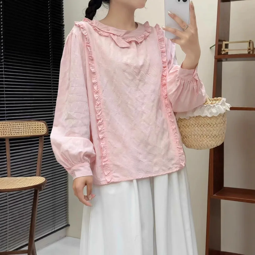 اليابانية الحلو موري فتاة بلون الكشكشة المرقعة تي شيرتات قطن المرأة ربيع الخريف س الرقبة طويلة الأكمام بلوزة غير رسمية بلايز