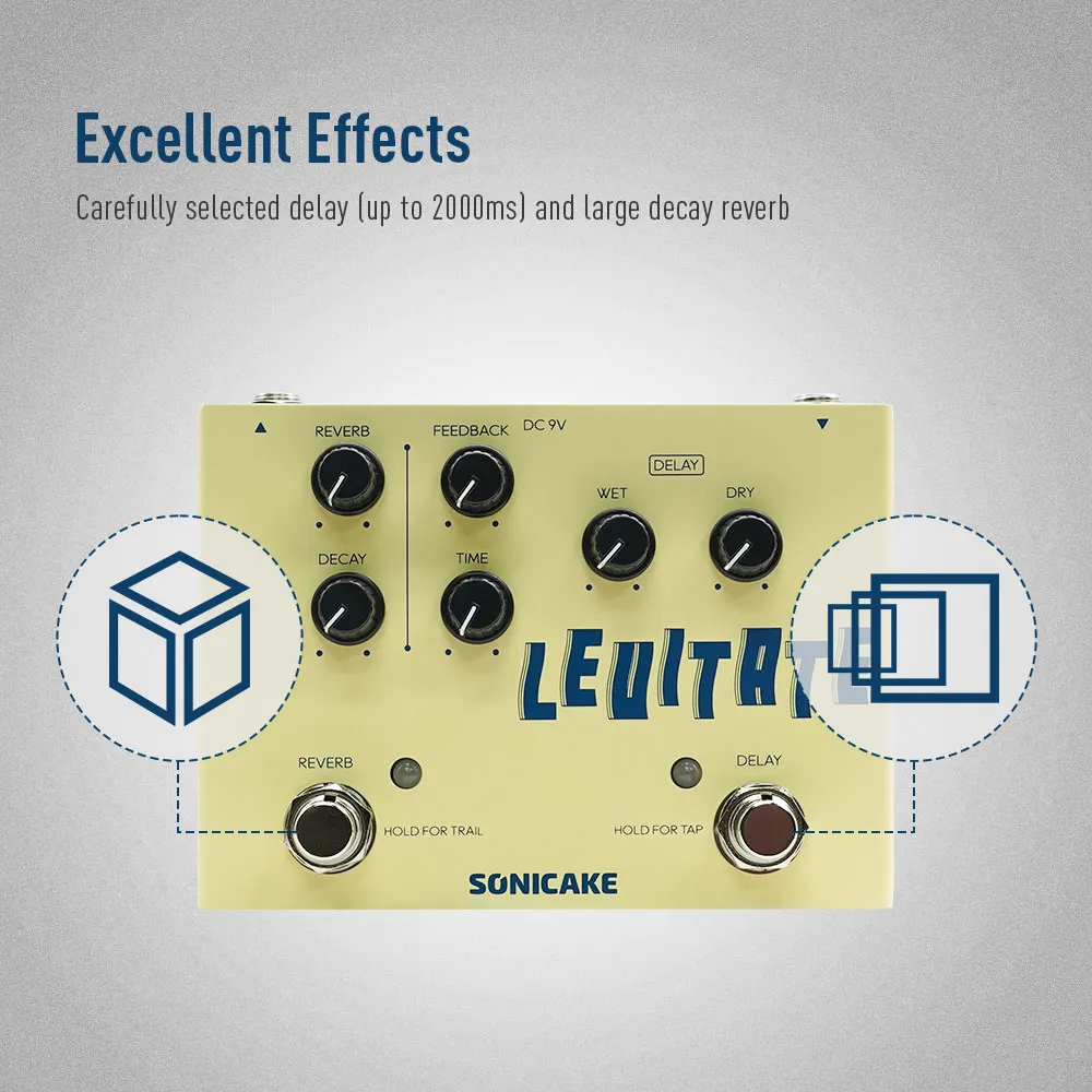 SONICAKE Levitate Dual Footswitch Stompbox Digital Delay dan Reverb Pedal Efek Gitar Hadiah QDS-02