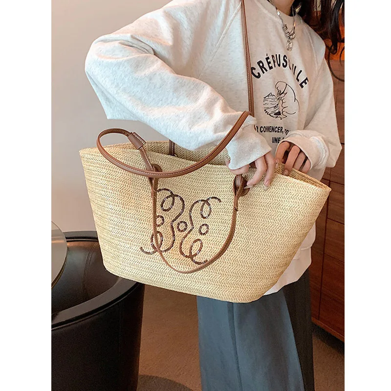 Handheld Straw Woven Bag, Woven Bag for Women, Large Capacity Summer Vacation Travel Bucket Bag, Commuting Tote Bag, Shopper Bag