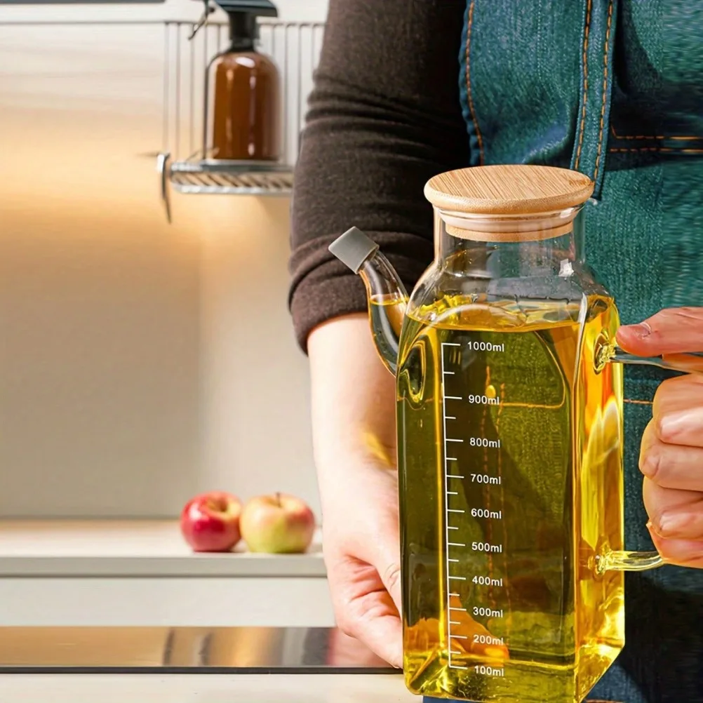 Glass Oil Pot 1000ml Large Capacity Vinegar Pot with Lid with Measurement Markings Hand Wash Only -Home Use Kitchen Accessories